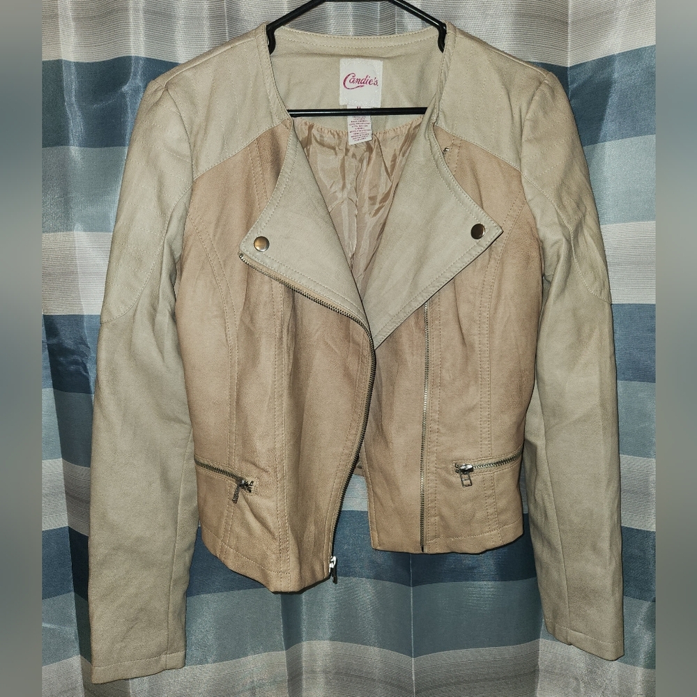 M Candies Beige Mauve Pink Moto Jacket F Leather, Zippers&Buttons, Stitching